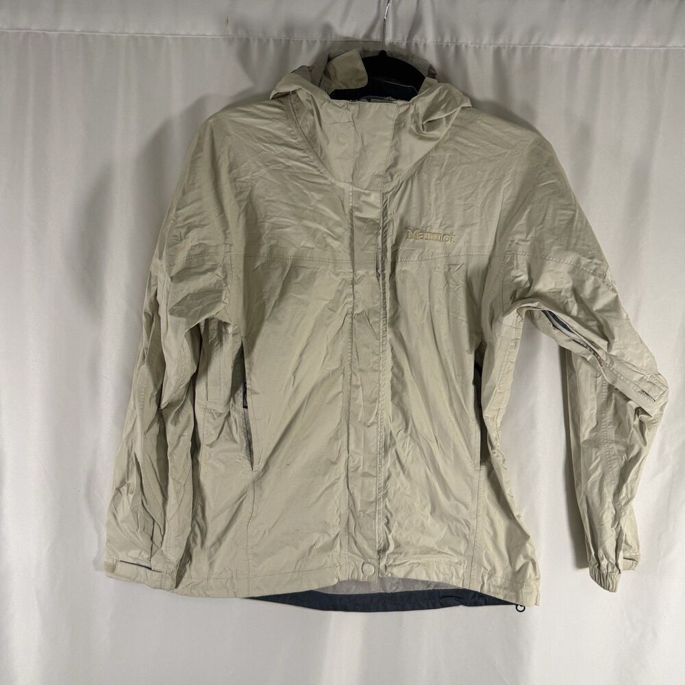 Marmot Rain Jacket Women's XS Off White Long Sleeve Hooded Nylong Full Zip Pocke